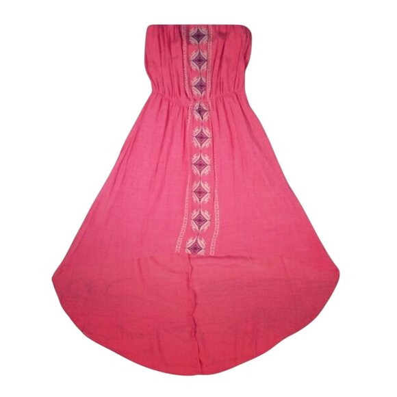NWT Coral Embroidered Print High-Low Hem Cinched Waist Strapless Boho Midi Dress - Picture 8 of 10